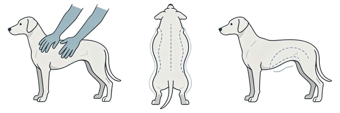 Three panels showing how to check a dog's body condition. Left: two hands resting flat against both sides of the dog's ribcage. Centre: a view from directly above the dog's back, showing the outline narrowing in behind the ribcage to form a waist. Right: a side view with a dashed line tracing the upward curve of the belly from the ribcage toward the hind legs.