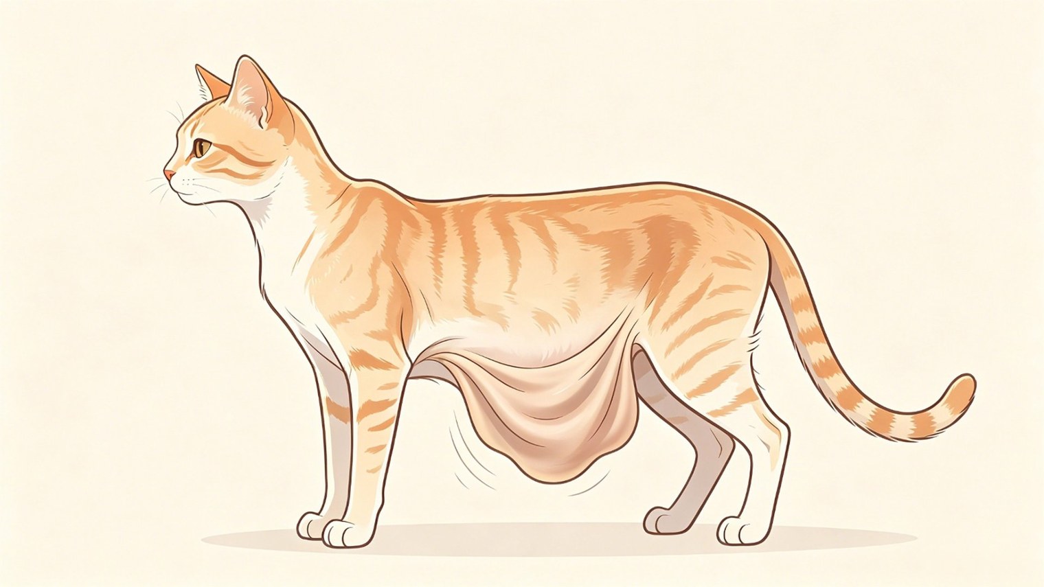 Side view of a lean cat with a visible primordial pouch, illustrating that the pouch is loose skin rather than fat