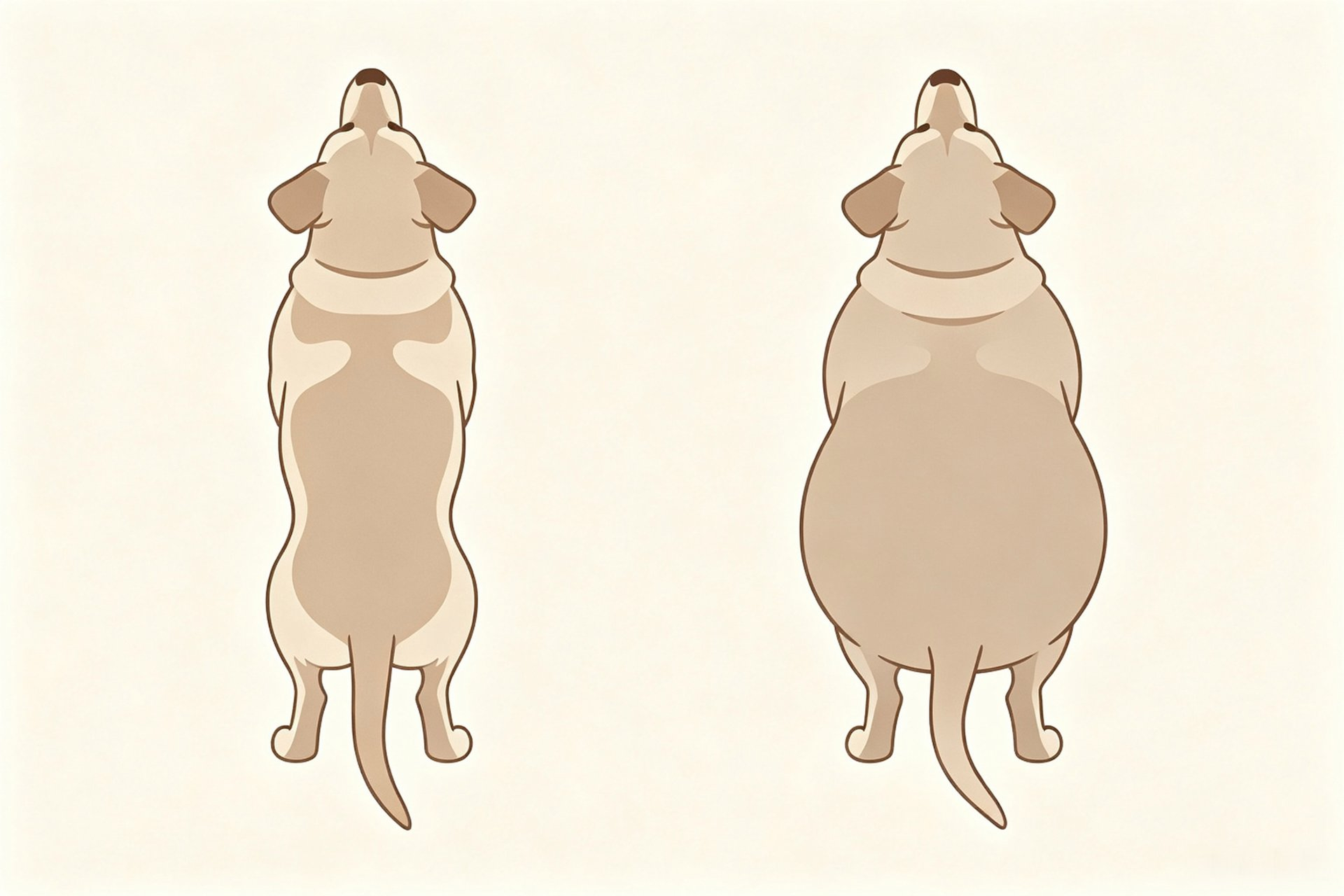 Two dogs seen from above: a healthy dog with a visible waist narrowing behind the ribs, and an overweight dog with no waist, body running straight from ribs to hips